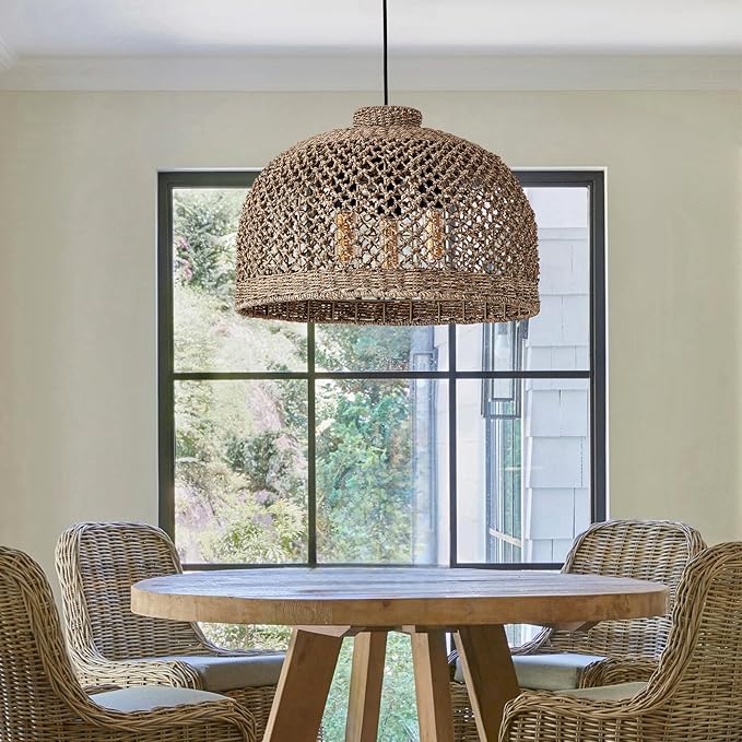 18.9in Rattan Light Hand Woven Wicker Large Pendant Lights Boho Lighting Farmhouse Chandelier Fixture for Living Room Restaurant Kitchen Island Dining Room Hallway Bedroom