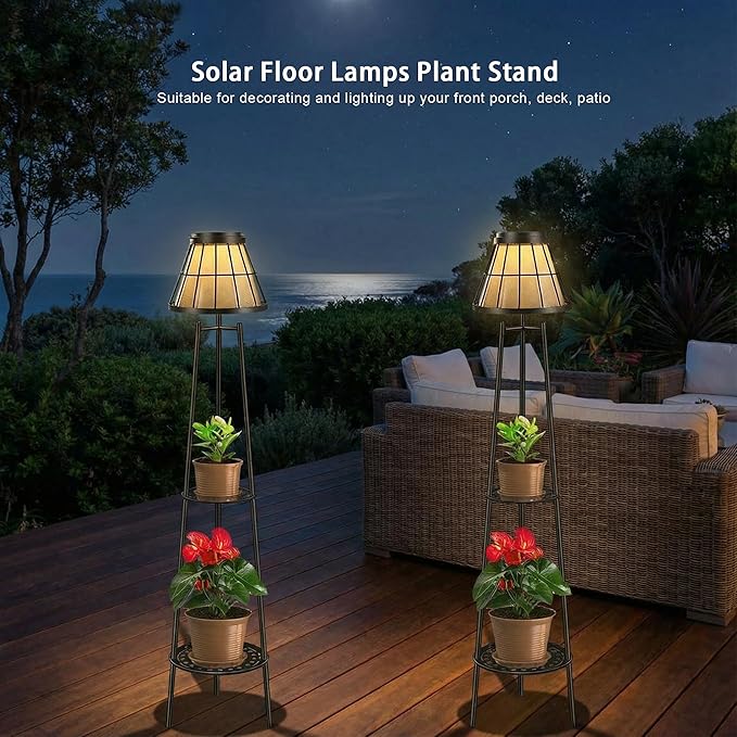 2 Pack Solar Lights with Plant Stands, 45.4'' Waterproof Outdoor Metal Solar Floor Lamps for Patio Deck Yard Pathway Porch Garden