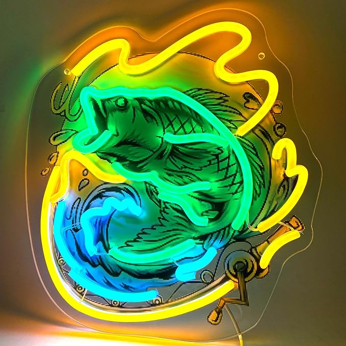 Fishing Neon Sign with Printed Backboard, LED Neon Light for Fisherman Decor, Bass Fish Wall Art for Man Cave, Garage, Bar & Game Room,Fisher Gifts