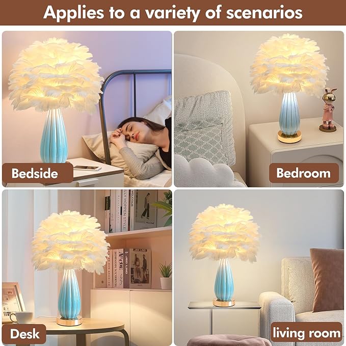 Chic White Feather Lamp Creative Feather Bedside Lamp Princess Nightstand Table Lamp Deco Romantic Atmosphere Desk Light for Cute Girl Bedroom Wedding Gift Living Room Hotel Ceramic Body