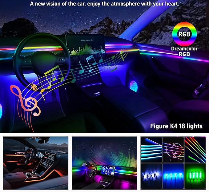 Acrylic Interior Car LED Strip Lights, Dreamcolor 18-in-1 Car Ambient Lighting Kit, with APP Control, 622 LED Fiber Optic Strip Lights for Cars, Supports Neon Sync with Music DIY Mode.