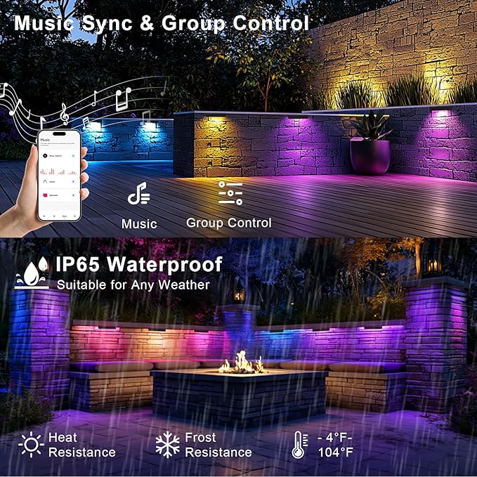 4 Pack RGBCW Retaining Wall Lights, 7 Inch Smart RGB LED Hardscape Lighting, APP/Remote Control, 5W 12V AC/DC Low Voltage Outdoor Step Light, Waterproof Color Changing Landscape Lighting, ETL