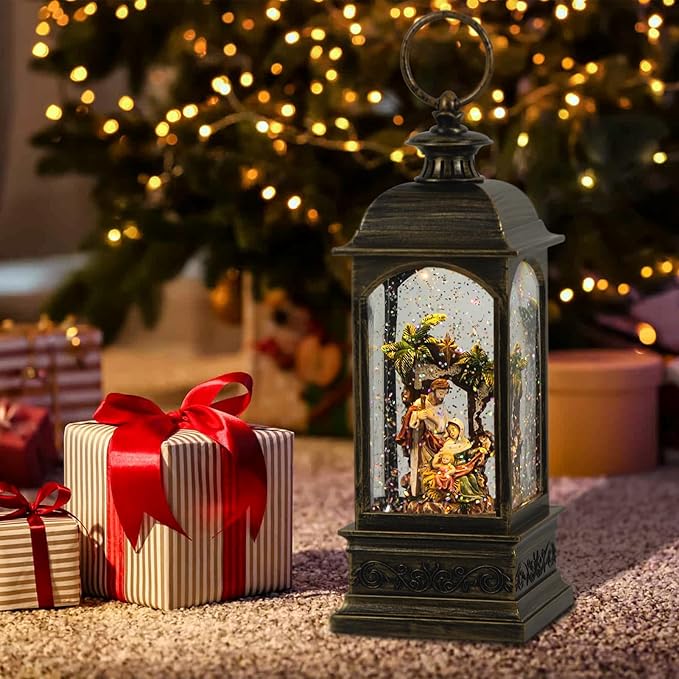 DRomance Nativity Music Snow Globe Lantern with Timer Battery Operated & USB Powered Lighted Singing Snow Globe Lamp Spinning Water Swirling Glitters Christmas Holiday Decor 3.7 x 3.7 x 11.4 Inches