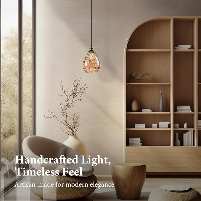 Modern Glass Pendant Light, 8"x9.6" Amber Ribbed Hanging Light Fixture with Gold Cap, 15"-72" Adjustable Cord, E26 Socket for Kitchen or Entryway – Sunrise Glow Teardrop