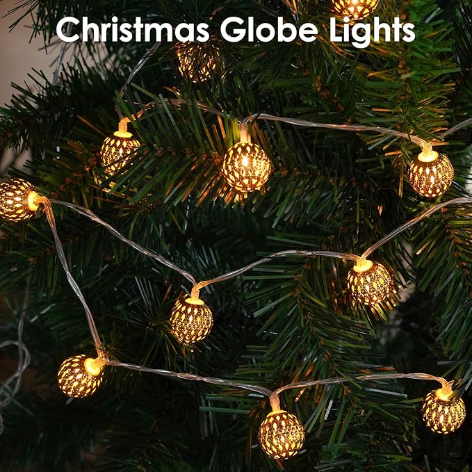 Moroccan String Lights Outdoor Battery Operated, 60 LED 36 FT Globe Fairy Lights with 8 Lighting Modes, String Lights with Timer for Bedroom Party Wedding Garden Classroom Indoor Decor(Warm White)