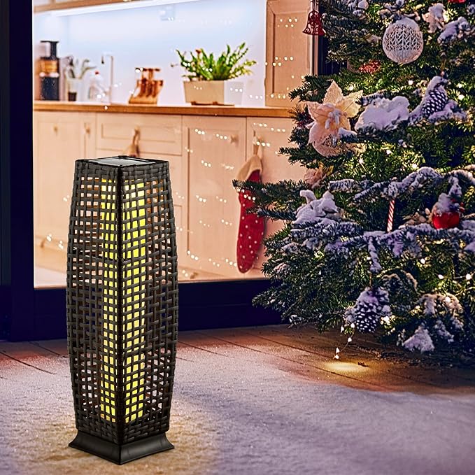 Tangkula 2-Piece Outdoor Solar Powered Floor Lamps, IP65 Waterproof Wicker Floor Lamps with Auto On/Off LED Light, Outdoor Decorative Lanterns for Garden Patio Porch Deck Pathway (Cross-Black)