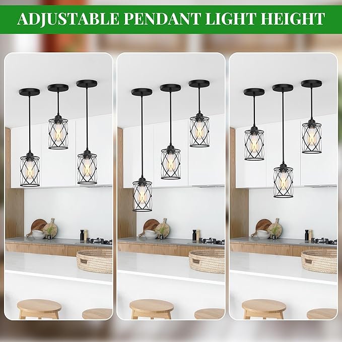 3 Light Pendant Lighting, Farmhouse Hanging Light Fixture for Kitchen Island & Dining Room, Industrial Vintage Ceiling Lamp with E26 Base, Adjustable Height, Matte Black with Glass Shades