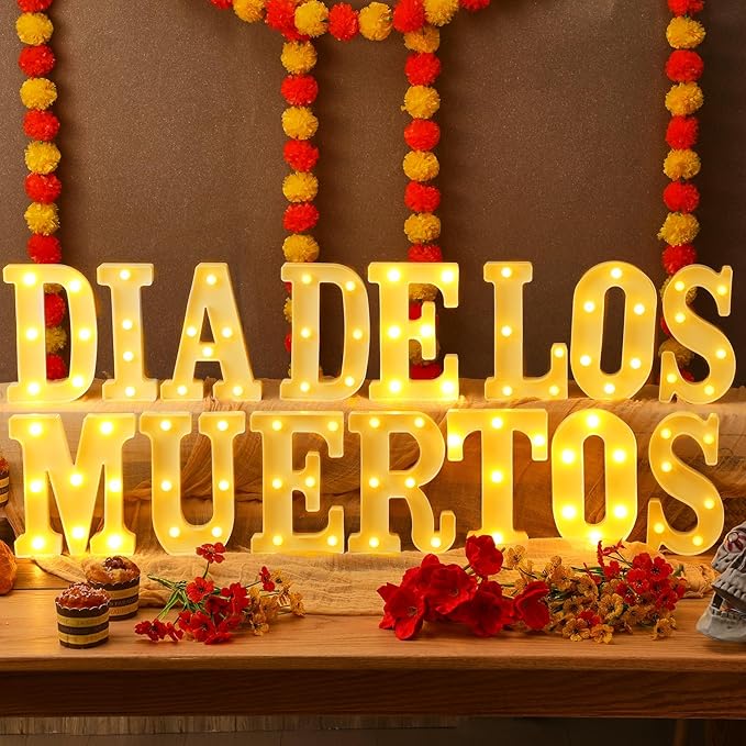15 Pcs Day of The Dead Decorations Dia De Los Muertos Large LED Letter Signs LED Lights Battery Powered Table Decorations for Mexican Fiesta Party