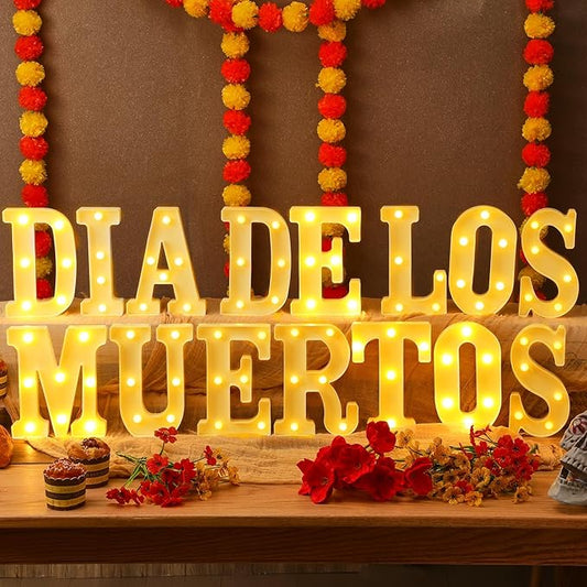 15 Pcs Day of The Dead Decorations Dia De Los Muertos Large LED Letter Signs LED Lights Battery Powered Table Decorations for Mexican Fiesta Party
