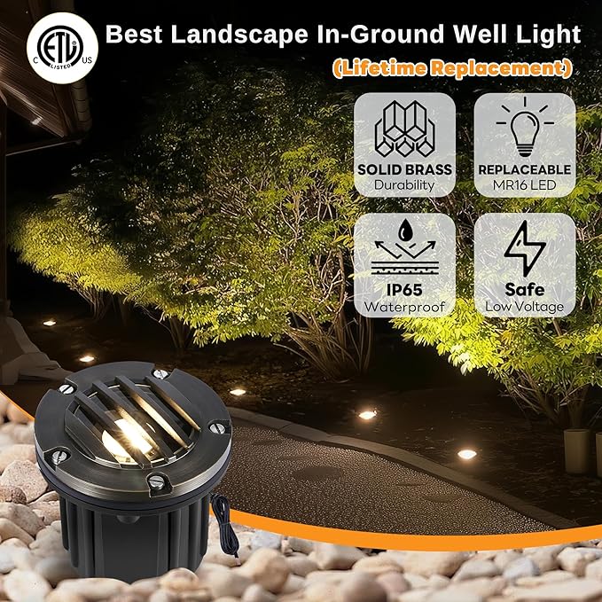 Gardenreet Brass Well Light - LED 12V Ip65 In-Ground Outdoor Landscape Lighting, Replaceable Bulb Waterproof Low Voltage Fixture, Antique Bronze for Garden Tree Pathway Without MR16 Bulb