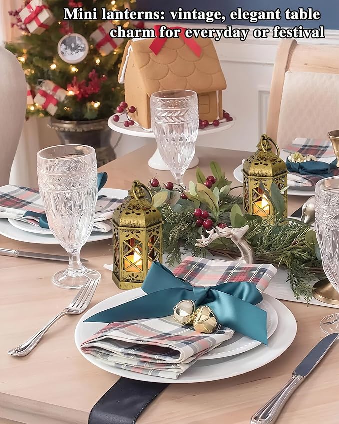12-Pack Mini Gold Lanterns with Flickering LED Candles for Ramadan, Small Decorative Hanging Lanterns for Halloween, Christmas, Wedding, Lantern for Table Centerpiece, Garden Party Decor