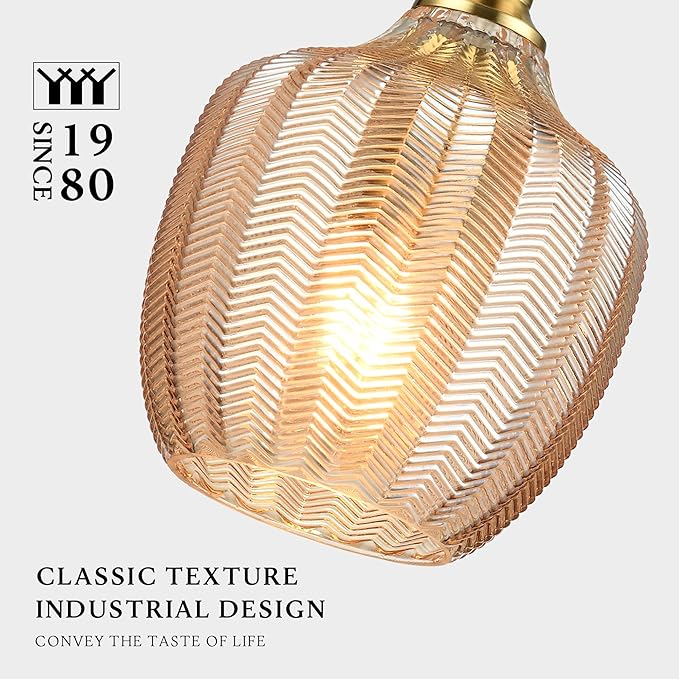 Modern Glass Pendant Light, 6.5"x14" Amber Sunset-Striped Hanging Fixture with Gold Cap, 15"-72" Adjustable Line, E26 Socket for Dining Room or Lounge – Sunset Gold Bordeaux