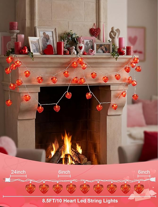 8.5Ft Valentine Red Heart Lights with 10 Shiny Glitter Heart Shaped Lights, Valentine Day Decorations Red Heart Lights for Valentine's Day,Windows, Bedroom,Home,Room Party Decor