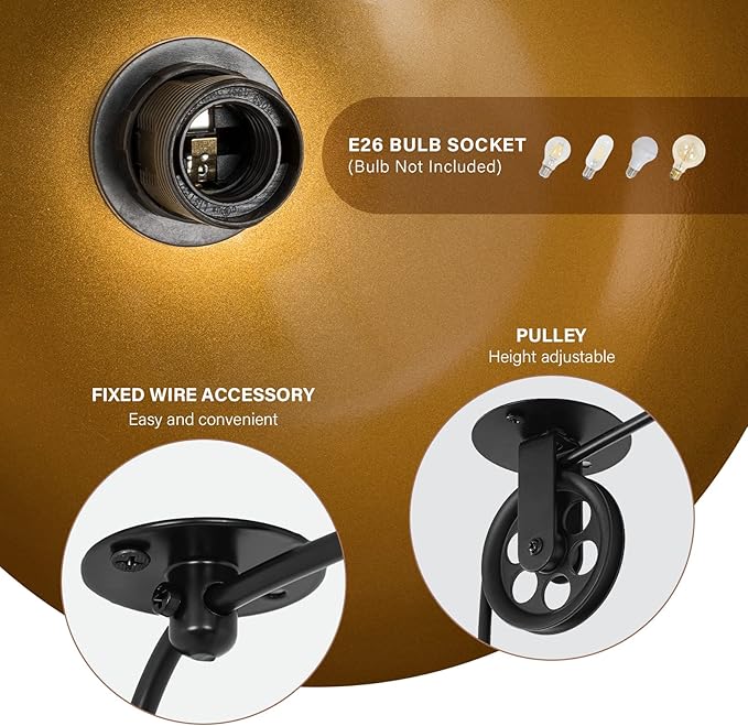 Modern Plug in Pulley Black and Brass Domed Pendant Light with 19.4ft Cord On/Off Switch, Retro Metal Barn Hanging Ceiling Lampshade for Farmhouse Kitchen Island Bedroom Hallway (2 Pack)