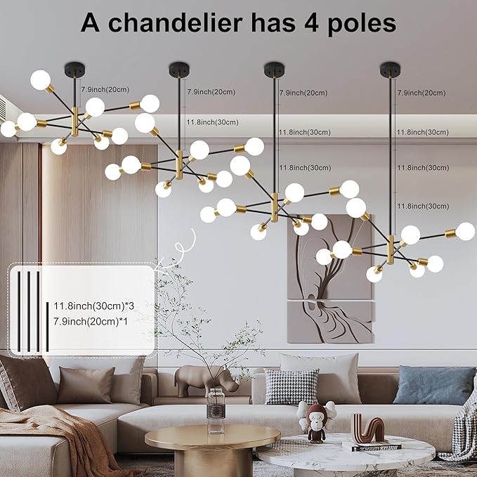 Sputnik Chandelier Mid Century Modern Industrial E26 Pendant Lighting Chandeliers Ceiling Light Fixture Black and Gold Light for Living Room,Kitchen,Bedroom,Dining Room and Farmhouse