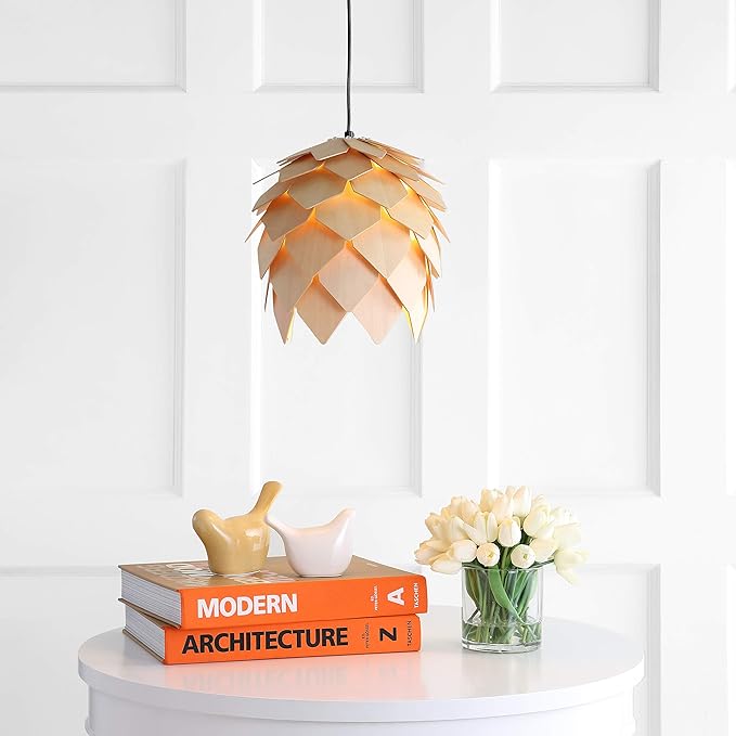 JONATHAN Y 11.75" Natural/Black 1-Light Wood Pendant Light, Organic Modern Scandinavian Artichoke Silhouette, Adjustable Height Ceiling Fixture, UL Listed, LED Bulb Included JYL6125A