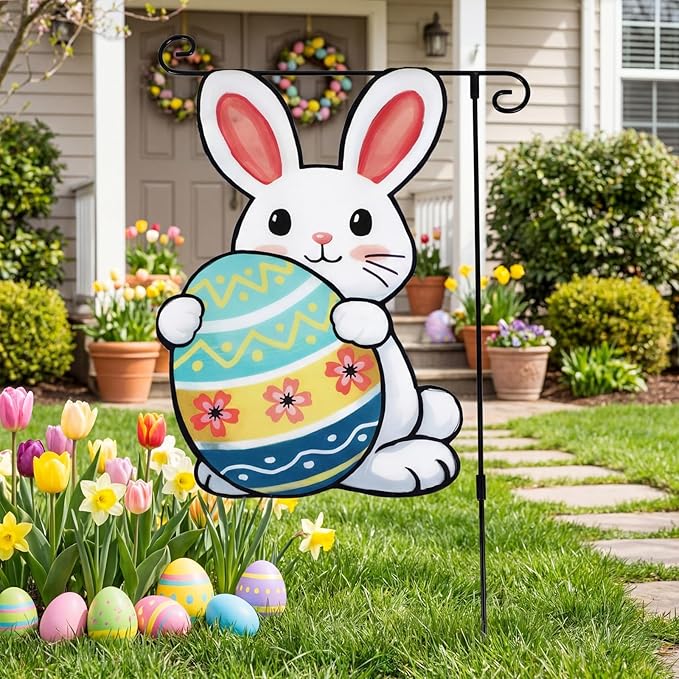 VIHOSE Easter Garden Flag for Outside, 12 x 18 Inch Solar Easter Garden Flag, 8 Modes LED Rabbit Yard Flags Lighted Egg Double Sided Outdoor Banner for Courtyard Lawn Decoration