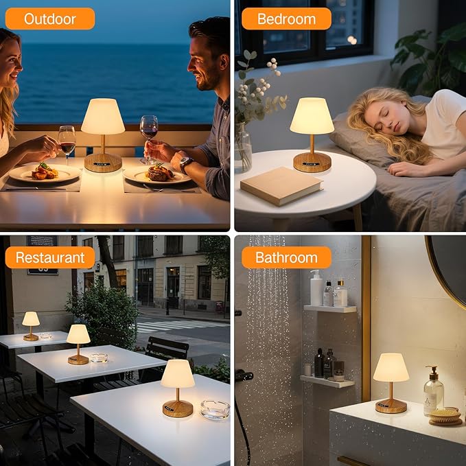 OUTON Rechargeable LED Shower & Table Lamp, Waterproof, USB Output, Stepless Dimming, 3 Colors, Power Indicator, Memory Function, Battery Operated Light for Home, Bathroom, Patio & Outdoor (Wood)