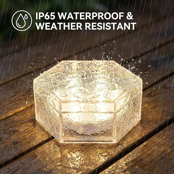 Solar Brick Lights Outdoor Waterproof - Recessed Solar Paver Lights, Ice Brick Design, No Wiring Needed,Landscape Lighting for Pathway,Garden, Patio, Yard, Driveway Decor (6, Warm White, Hexagon)