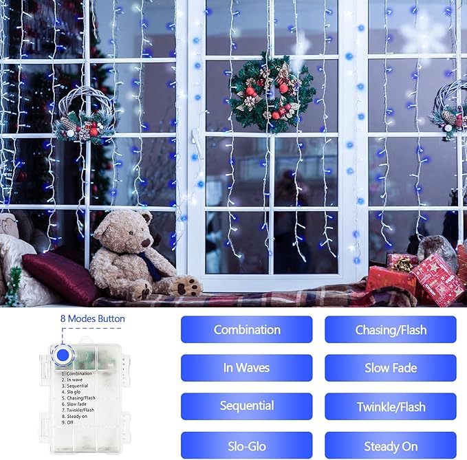 2 Pack String Lights Battery Operated with Timer, 66FT 200 LED Waterproof Battery Twinkle Lights, 8 Modes Fairy Light for Indoor & Outdoor Party Bedroom Christmas Decorations (Blue and White)