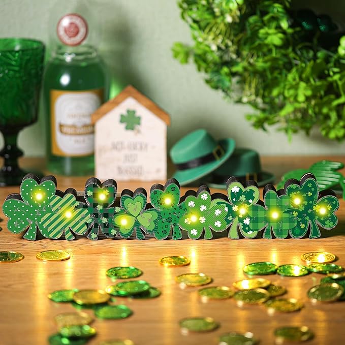 Yousoontic St. Patrick's Day Shamrock Decor Table Centerpieces Wooden Shamrock Sign Decorations with LED Lights Block Irish Farmhouse Green Decor for St. Patrick's Day Home Mantel Desk Office Party