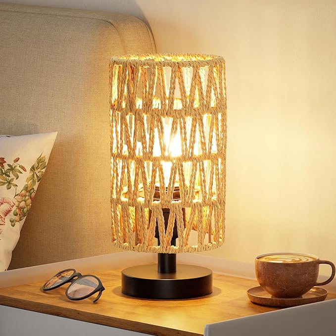 Fenmzee Small Table Lamp for Bedroom - Inline Control, Bedside Lamp with 3000K A15 LED Blub, Easy Assembly（Rattan Rope Shade-Black Base，9" Inline Control）