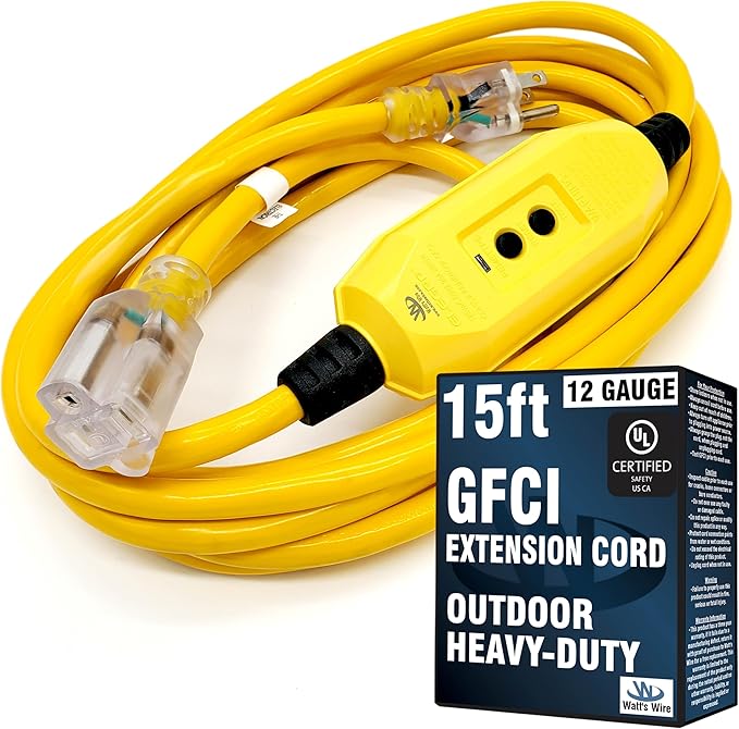 15 ft GFCI Extension Cord - Outdoor Extension Cord Waterproof - Heavy Duty Outdoor Extension Cords 15 ft - Watts Wire - 15' Grounded - GFI Cord - extensiones electricas