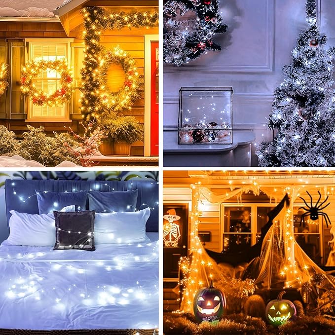 LED Fairy Lights Battery Operated 2 Pack, 16FT 50LED String Lights Silver Wire String Light Waterproof Cuttable Starry Fairy Light for Bedroom Easter Halloween Christmas Decoration (White+Warm)