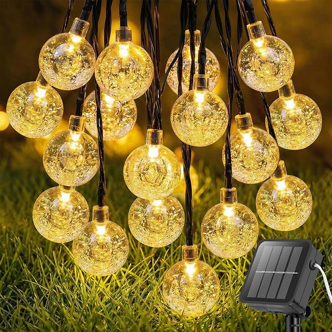 Metaku Solar String Lights for Outside, 36FT 60 LED Crystal Globe String Lights, Solar Powered Outdoor Lights with 8 Lighting Modes, Patio Hanging Lights for Garden, Camping and Party Décor Warm White