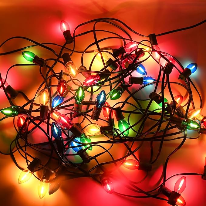 50 Feet Multi-colored C7 LED Christmas Lights Outdoor Colored Christmas Lights Waterproof with 50 + 5 Pack Energy Efficient C7 LED Bulbs (0.6W = 7W) for Colorful Xmas House Stairs Porch Tree Decor