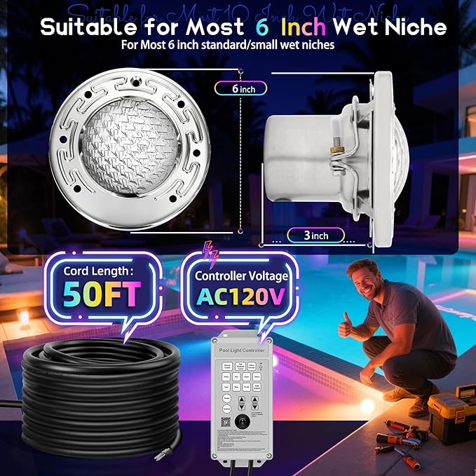 CAtArt 6 Inch LED Spa Light,12V DC Color Changing Inground Spa Lights for Inground Pool with Controller Remote and APP Control for 6'' Wet Niche,12W,50 Foot Cord