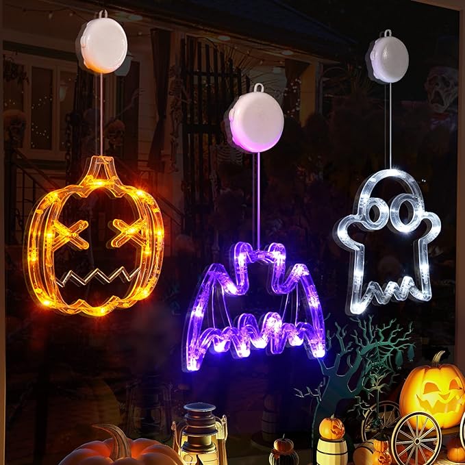 LOLStar Halloween LED Lights Decorations 2025 Orange Pumpkin White Ghost Purple Bat Window Display with Suction Cups, Battery Operated Window Decor Slow Fade Mode and Timer 3-Pack