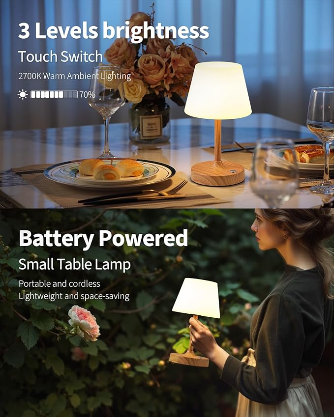 PUSU Cordless LED Wood-Grain Small Table Lamp, Waterproof Shower Light with 4000mAh Battery, Portable Rechargeable Touch Dimming Night Light for Bathroom, Outdoor Camping, Kitchen, Patio, Restaurant
