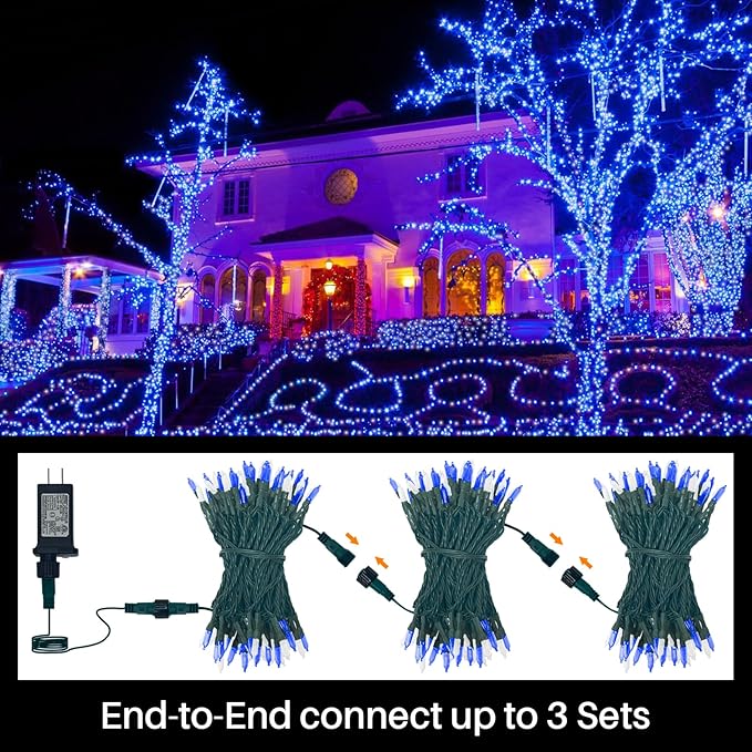 LAMPHOME Blue White Christmas Mini Lights, 32.5FT 100 LED Clear Bulbs String Lights with 16 Light Modes, Fairy Lights Plug in for Outdoor Xmas Trees Garland Wreath Holiday Decorations