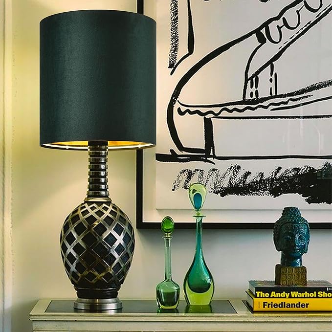 Small Drum Lamp Shades 2 Pack, 10 * 10 * 10 Inch,Luxurious Green Velvet Lamp Shade fit with Spider, Modern Farmhouse Lamp Shades for Wall Lamps&Bedside Lamp Replacement for Bedroom,Required Assembly