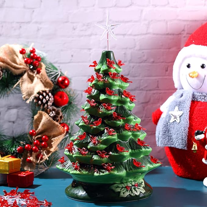 Mudder 100 Pieces Ceramic Christmas Tree Bird Bulbs and 5 Pieces Stars Replacement Plastic Bulbs for Ceramic Christmas Tree Decorations(Red)