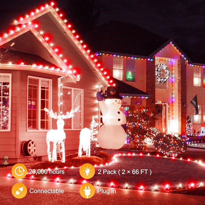 Brightown C9 LED Christmas String Lights, 2 Pack Total 132ft 200LED Outdoor Lights String, Plug-in Connectable Waterproof Roofline Lights String for Outside Yard Christmas Holiday Decor, Red and White