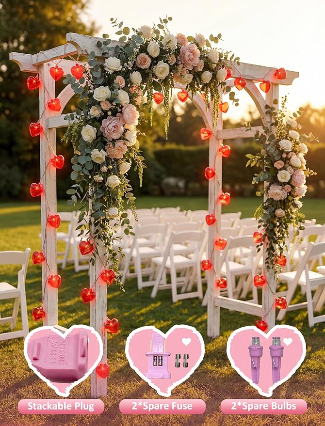 Valentine’s Day Red Heart String Lights, 12FT Plug-In Connectable Fairy Lights with 20 LED Glitter Heart Bulbs, Romantic Indoor Outdoor Decor for Wedding, Party, Window, Anniversary, Christmas