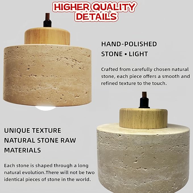 Wabi Sabi Natural Stone and Wood Pendant Light,4.7Inch Small Hanging Pendant Lamp,Modern Vintage Rustic Minimalist Fixture for Bedroom, Dining Room, Kitchen Island, Cafe, Hallway (Wood Color, PCS, 2)