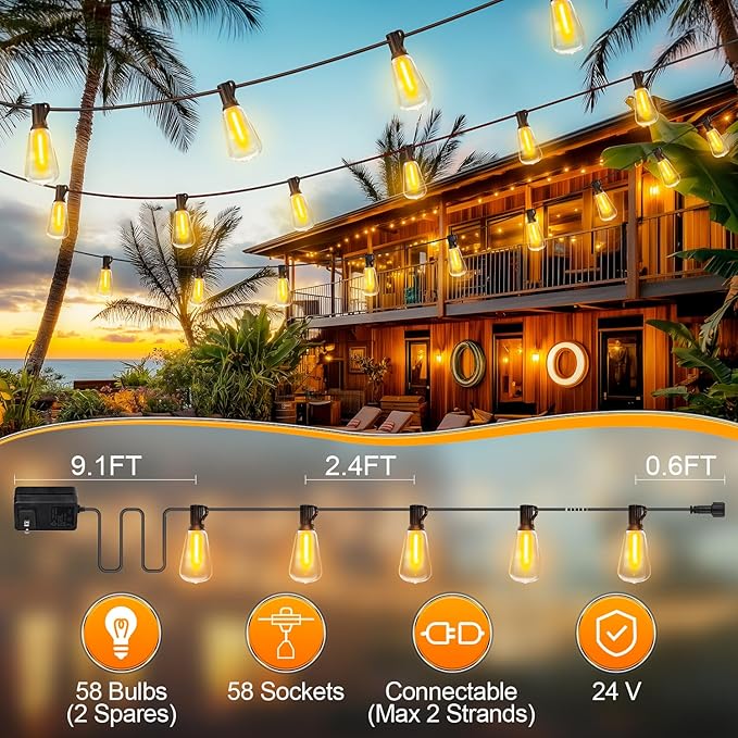 Outdoor String Led Patio Lights - 150Ft 45M Outside Waterproof Light With Remote Dimmable ST38 Shatterproof Bulb Connectable Hanging Outdoor Electric Lighting For Backyard Yard Gazebo Porch Party