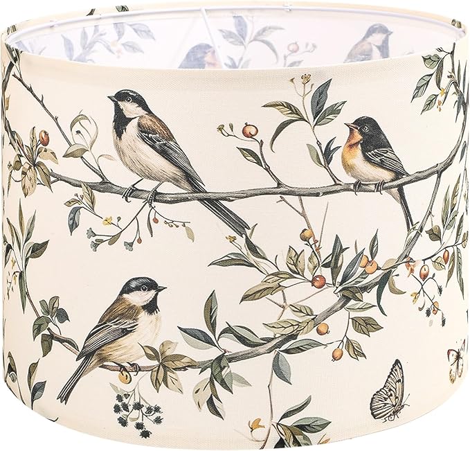 Fabric Linen Lamp Shade, Bird and Branch Pattern Lampshade, Unique Lamp Shades for Floor Lamps fit with Spider/Uno, 13x13x10inch Drum Lampshades for Table Lamp/Pendant (1Pack/Easy Assemble)