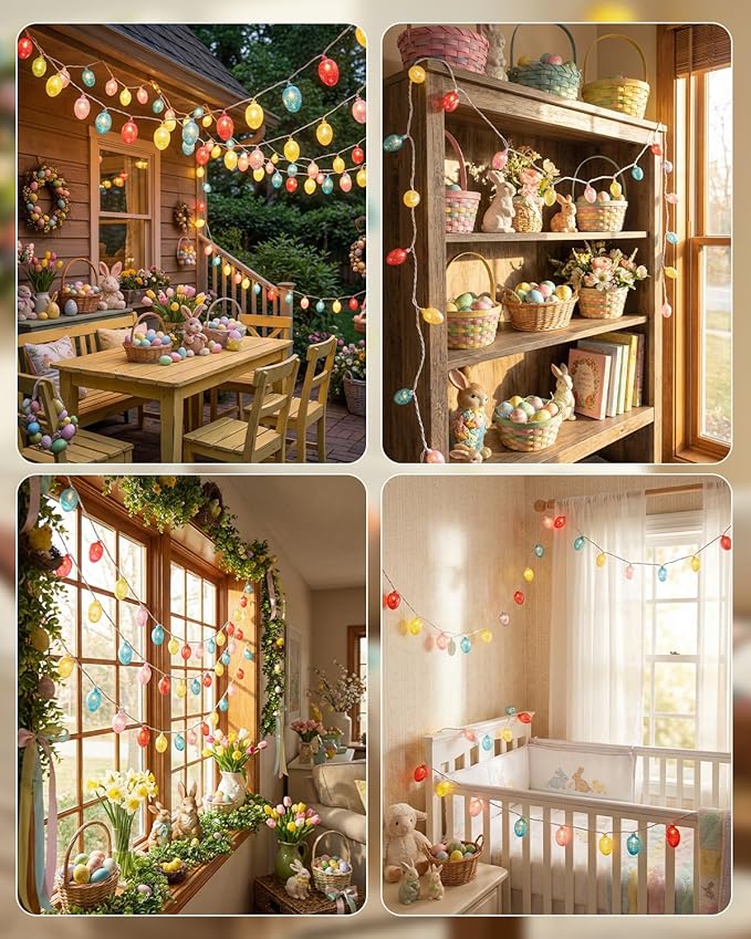 SUNSGNE Easter Egg String Lights, 8.5ft Easter Decorative Lights with 10 Clear Colorful Egg Bulbs for Outdoor Bedroom Party Holiday Home Tree Decoration