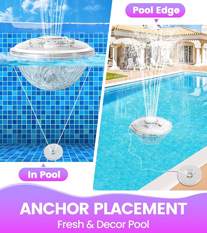 LanAqua Floating Pool Fountain with Lights Show, Upgraded Pool Fountains with Anchor, Pool Water Fountain, Swimming Pool Fountains for Inground Pool, Waterfall for Above Ground Pond-White
