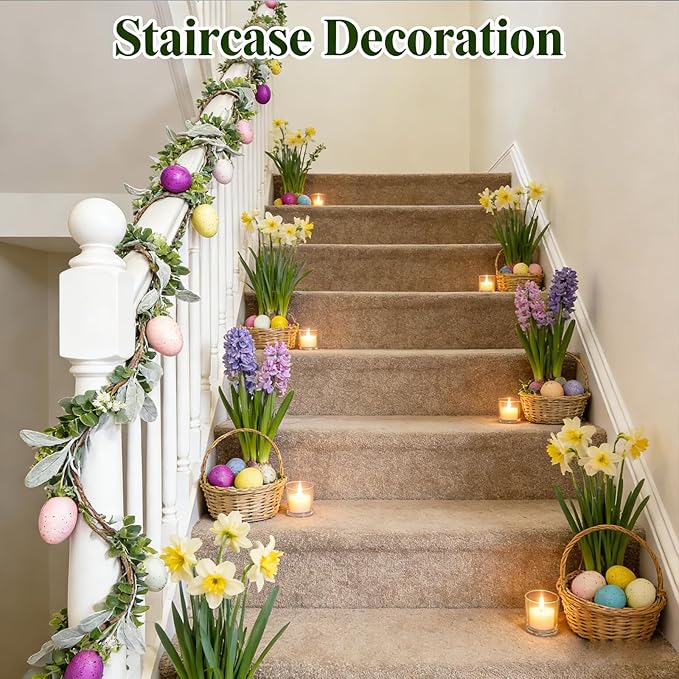 6FT Easter Egg Garlands with Lights for Mantle Artificial Colorful Spring Floral Eucalyptus Garland with LED 3 AA Battery Powered for Home Decoration Indoor Outdoor