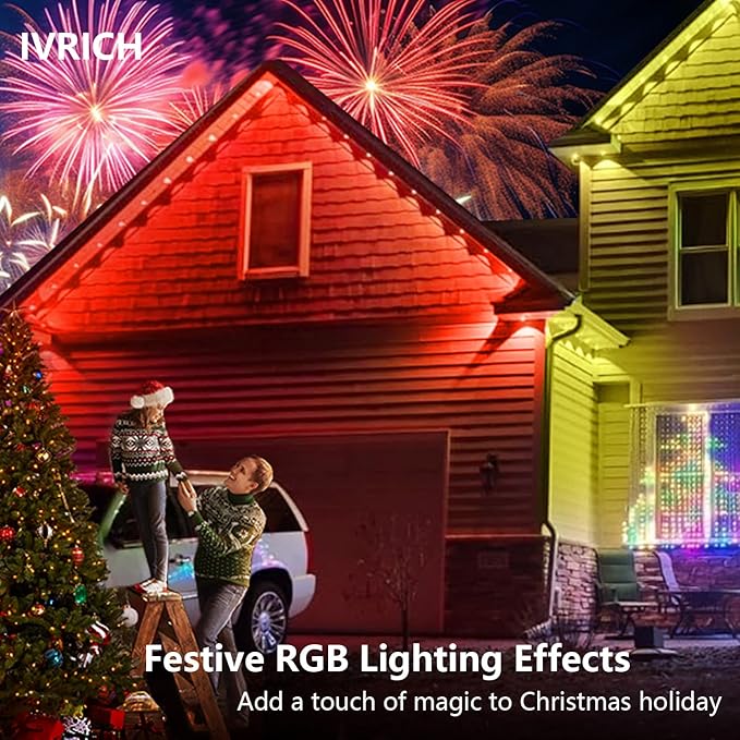IVRICH 200FT Permanent Outdoor Lights, Smart RGB Eave Light with Color Changing, APP/Remote Control, IP67 Waterproof, Music Sync, Timer Function, for Christmas, Party, Holiday Decor