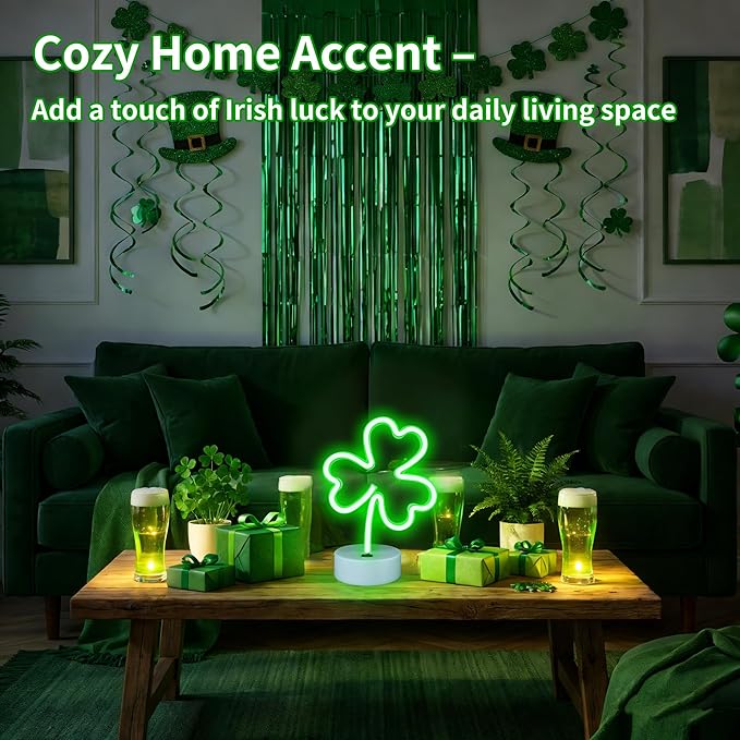 St Patrick's Day Shamrock Light - Patrick Party Neon Sign Decoration - Green Clover LED Night Light - USB or Battery Powered Table Lamp - Lucky Shamrocks Gifts for Kids - Decor for Window Room Bedroom