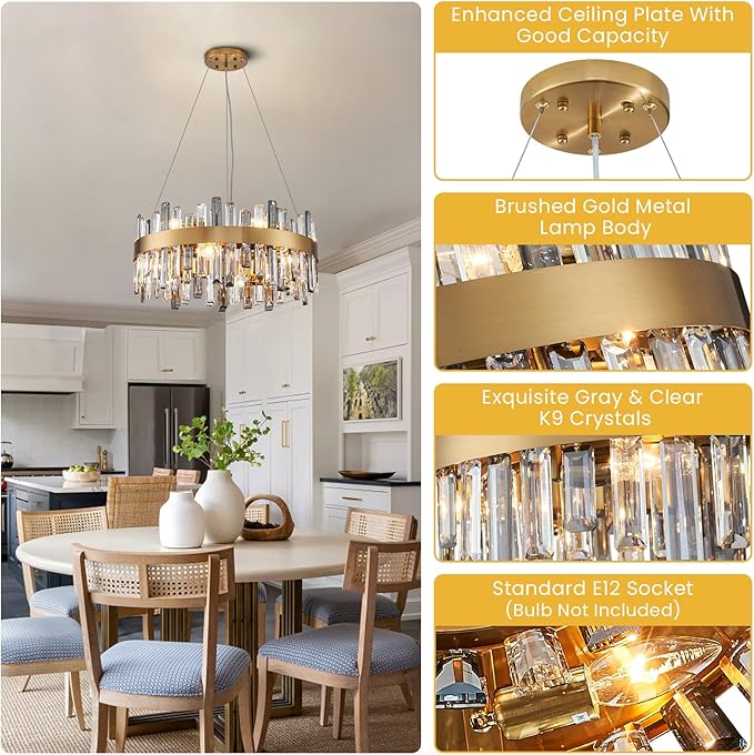 Siljoy Modern Crystal Chandeliers, 12 Lights Brass Gold Raindrop Crystal Chandelier Lighting, Adjustable Hanging Pendant Light Fixture for Dining Room Living Room Kitchen Island D23.6''