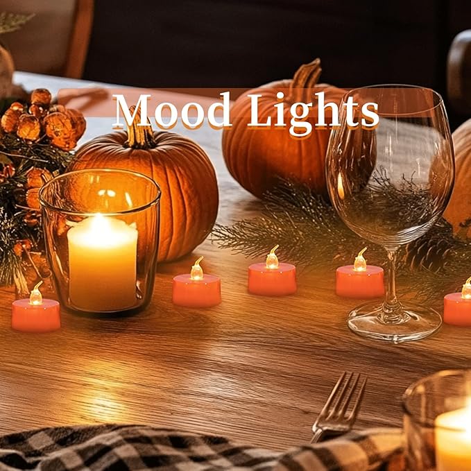 LANKER 24 Pack Orange Tea Lights Candles, Flickering Warm Yellow Flameless LED Tealights, Long Lasting Battery Operated Fake Candles, Decoration for Wedding, Halloween and Christmas (Orange)