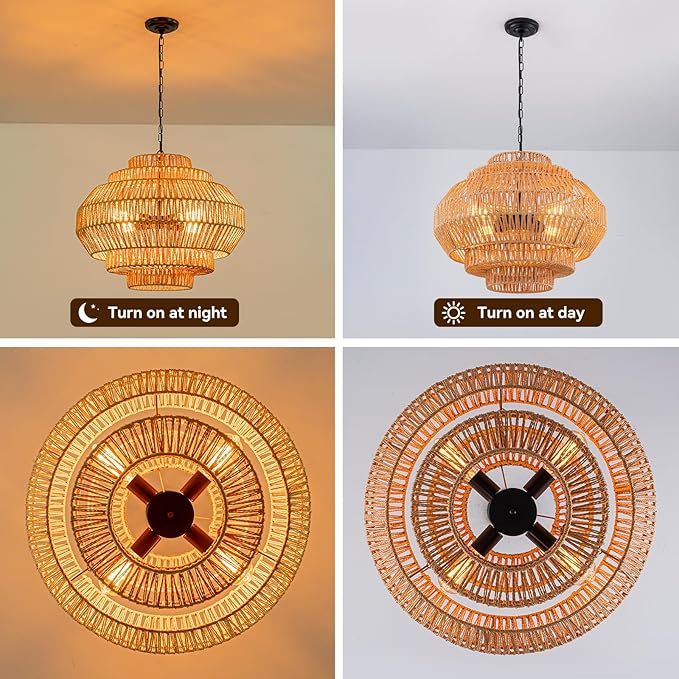 23.6‘’ Rattan Chandelier Dinning Room Pendant Light Fixture Boho Chandelier Boho Hanging Light Large Basket Light Woven Rattan Pendant Light for Kitchen Island Bedroom Farmhouse Living Room