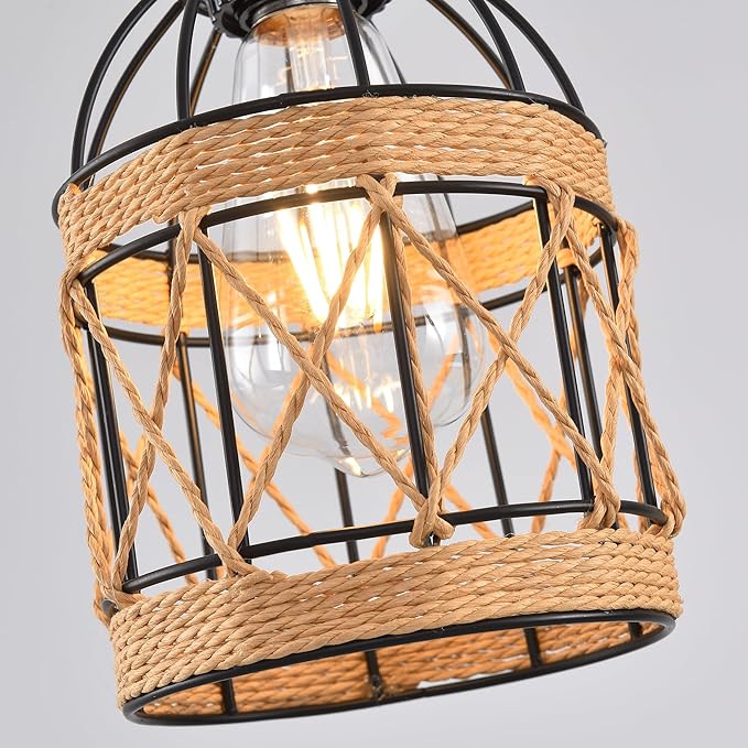 3 Light Hemp Rope Plug in Pendant Light Rattan Hanging Lights with Plug in Cord with Woven Lamp Shade, Plug in Cord Hemp Rope Hanging Lamp